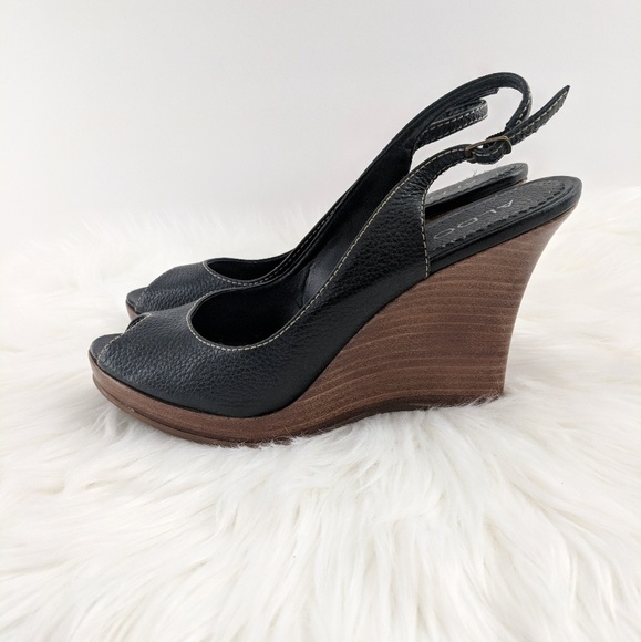 Aldo | Black Leather Wooden Heel Peep Toe Sz 10 - Picture 4 of 7